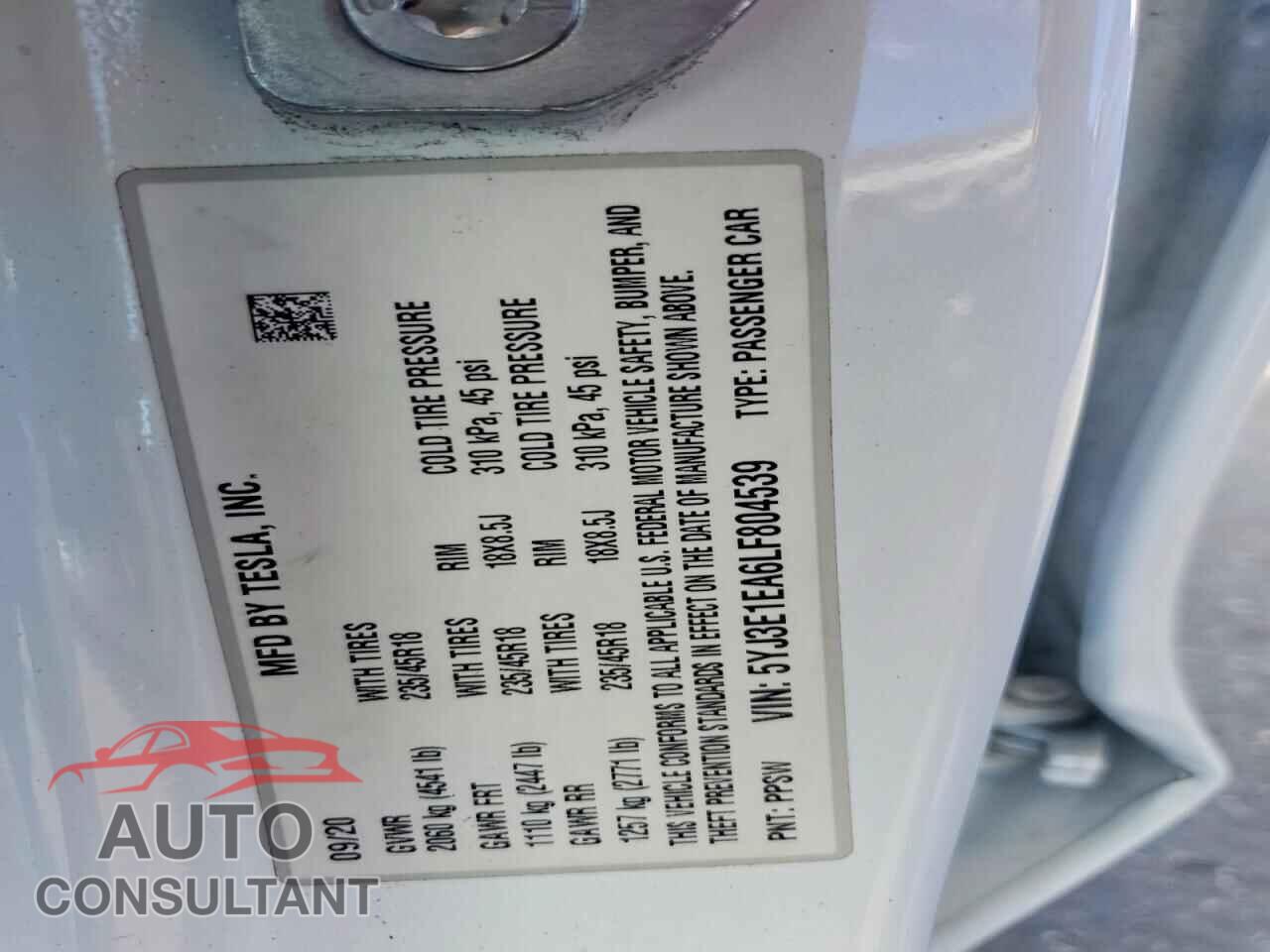 TESLA MODEL 3 2020 - 5YJ3E1EA6LF804539