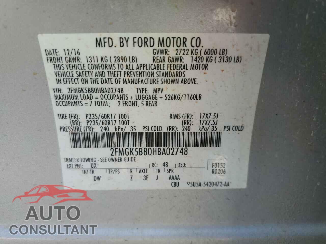 FORD FLEX 2017 - 2FMGK5B80HBA02748