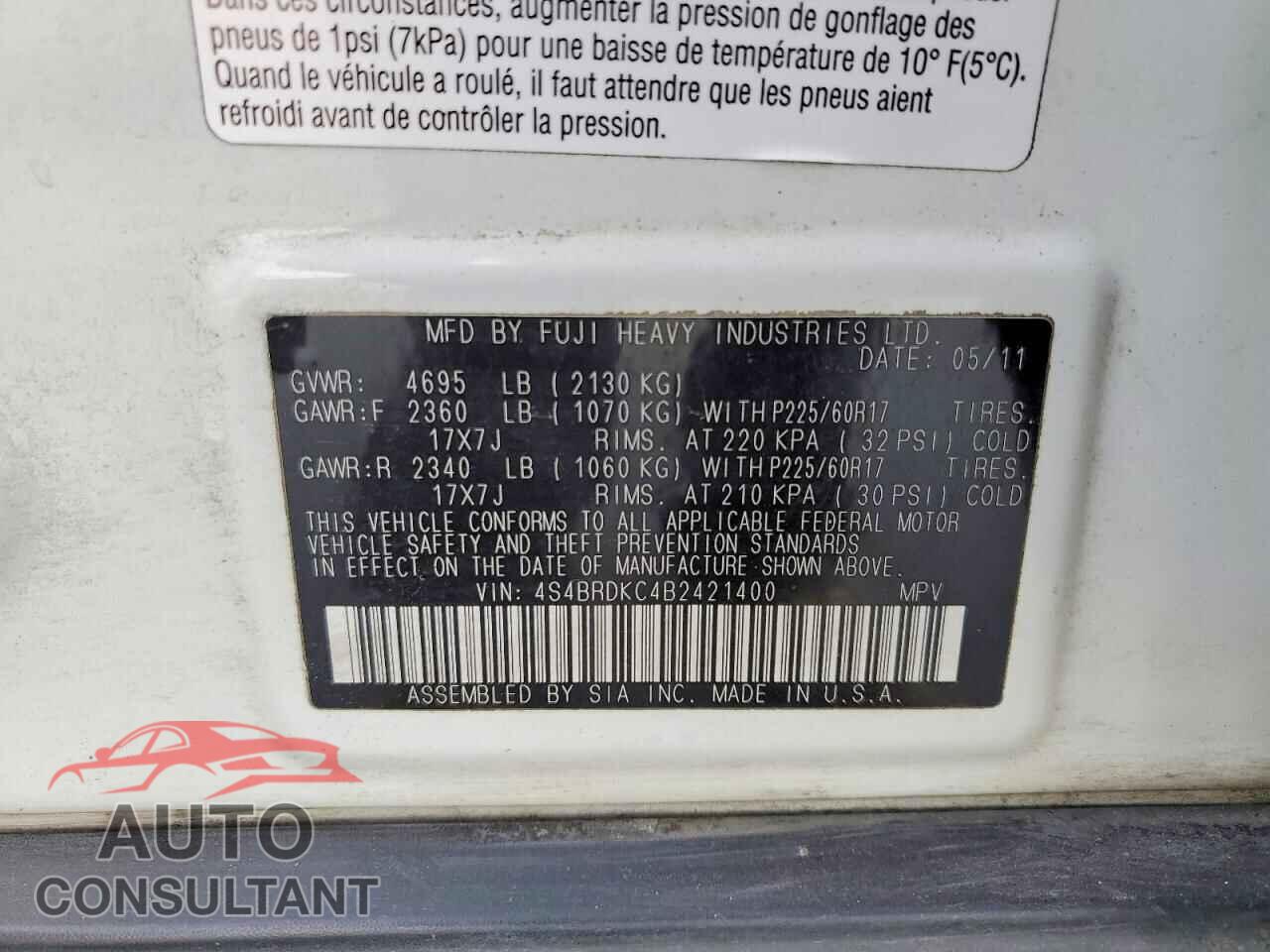 SUBARU OUTBACK 2011 - 4S4BRDKC4B2421400