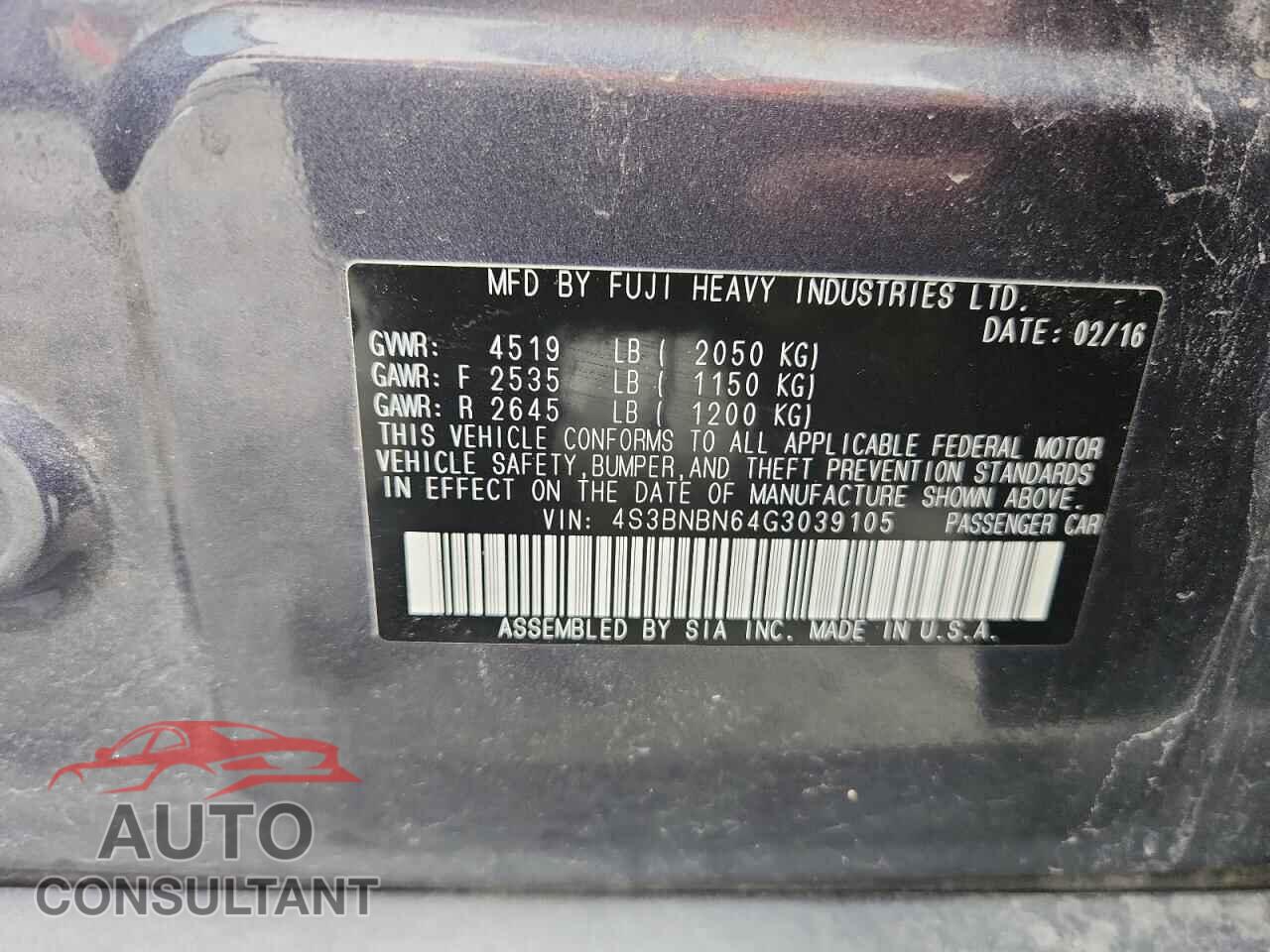 SUBARU LEGACY 2016 - 4S3BNBN64G3039105