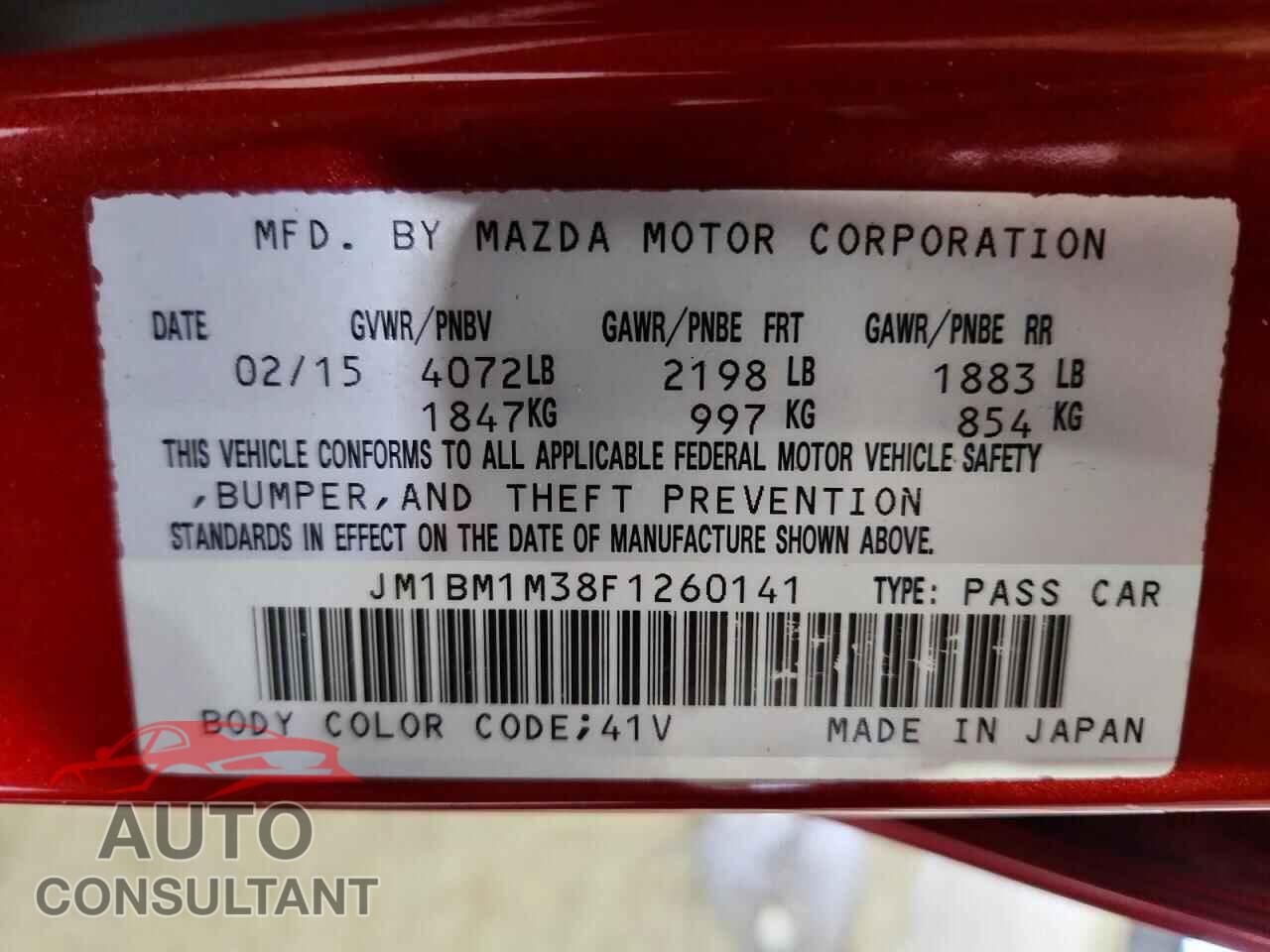 MAZDA 3 2015 - JM1BM1M38F1260141