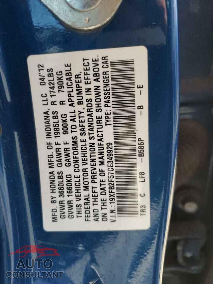 HONDA CIVIC 2012 - 19XFB2F57CE349929