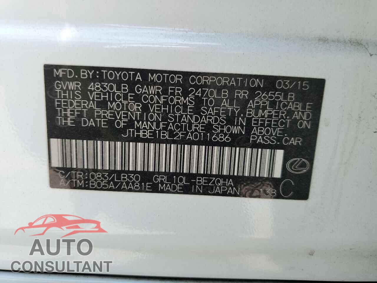 LEXUS GS350 2015 - JTHBE1BL2FA011686