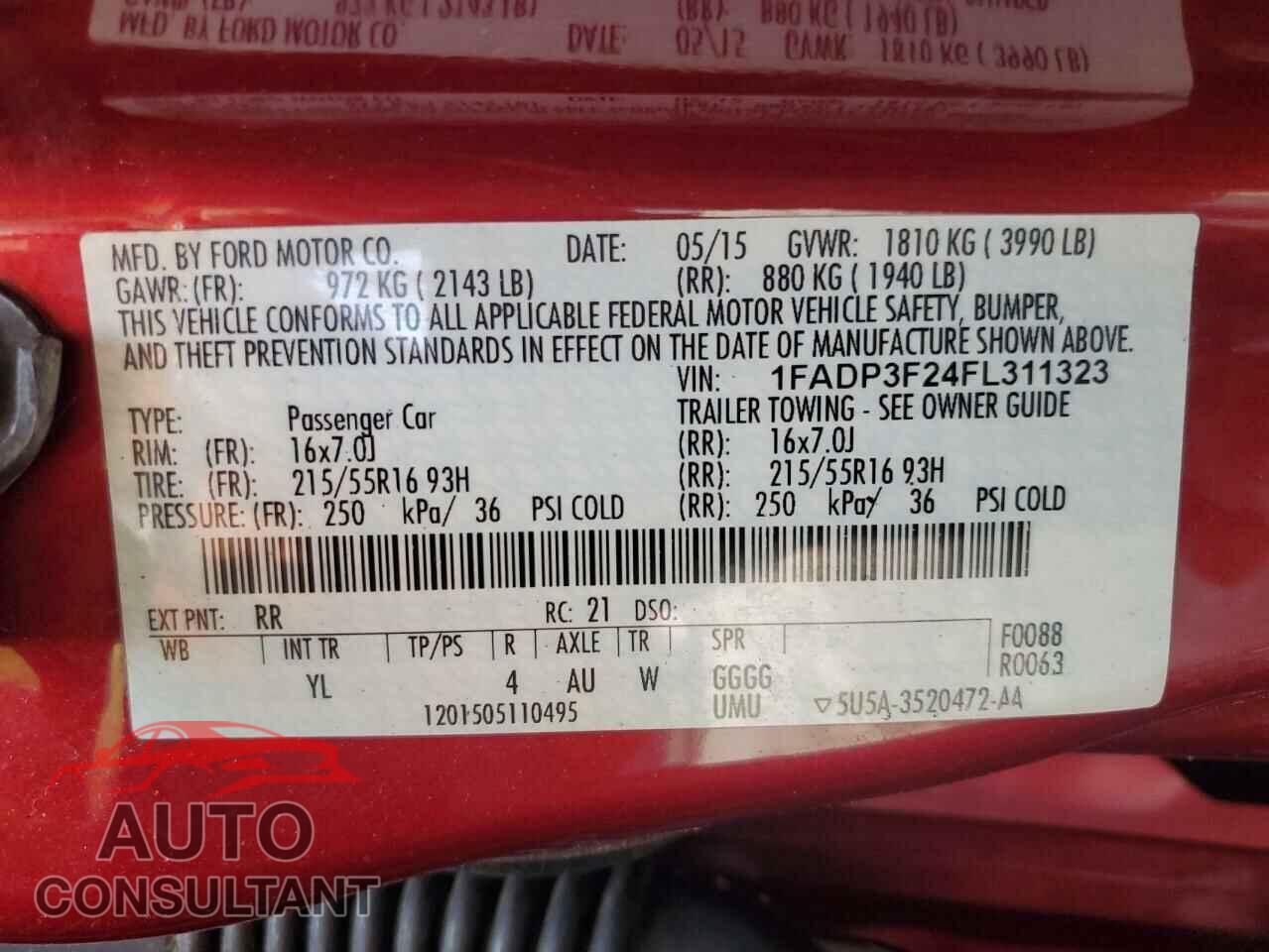 FORD FOCUS 2015 - 1FADP3F24FL311323