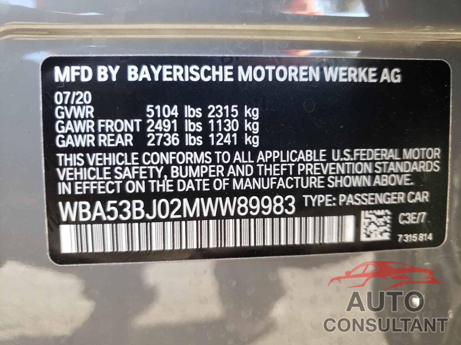 BMW 5 SERIES 2021 - WBA53BJ02MWW89983