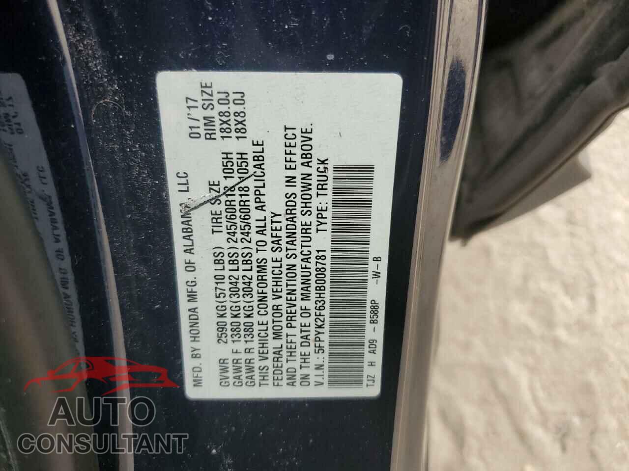 HONDA RIDGELINE 2017 - 5FPYK2F63HB008781