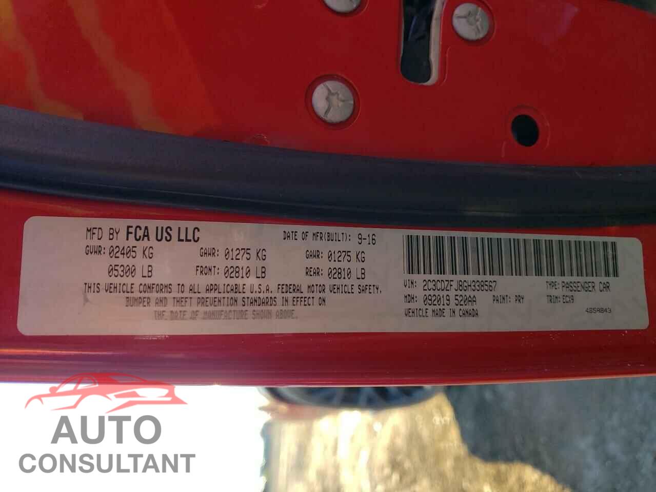 DODGE CHALLENGER 2016 - 2C3CDZFJ8GH338567