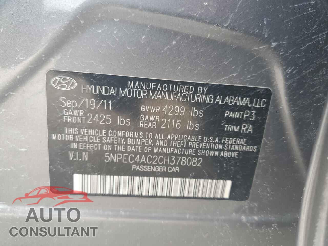 HYUNDAI SONATA 2012 - 5NPEC4AC2CH378082