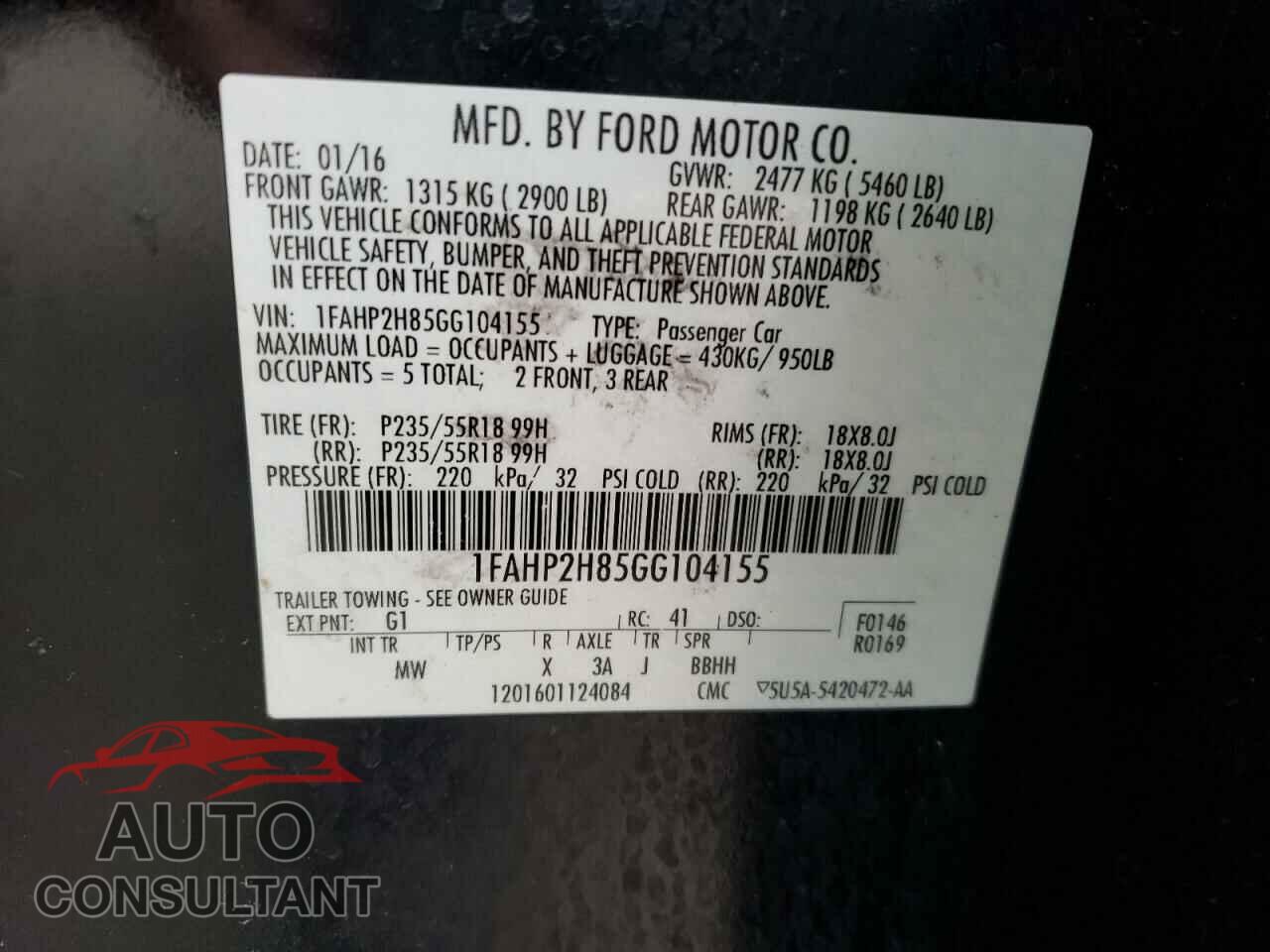 FORD TAURUS 2016 - 1FAHP2H85GG104155
