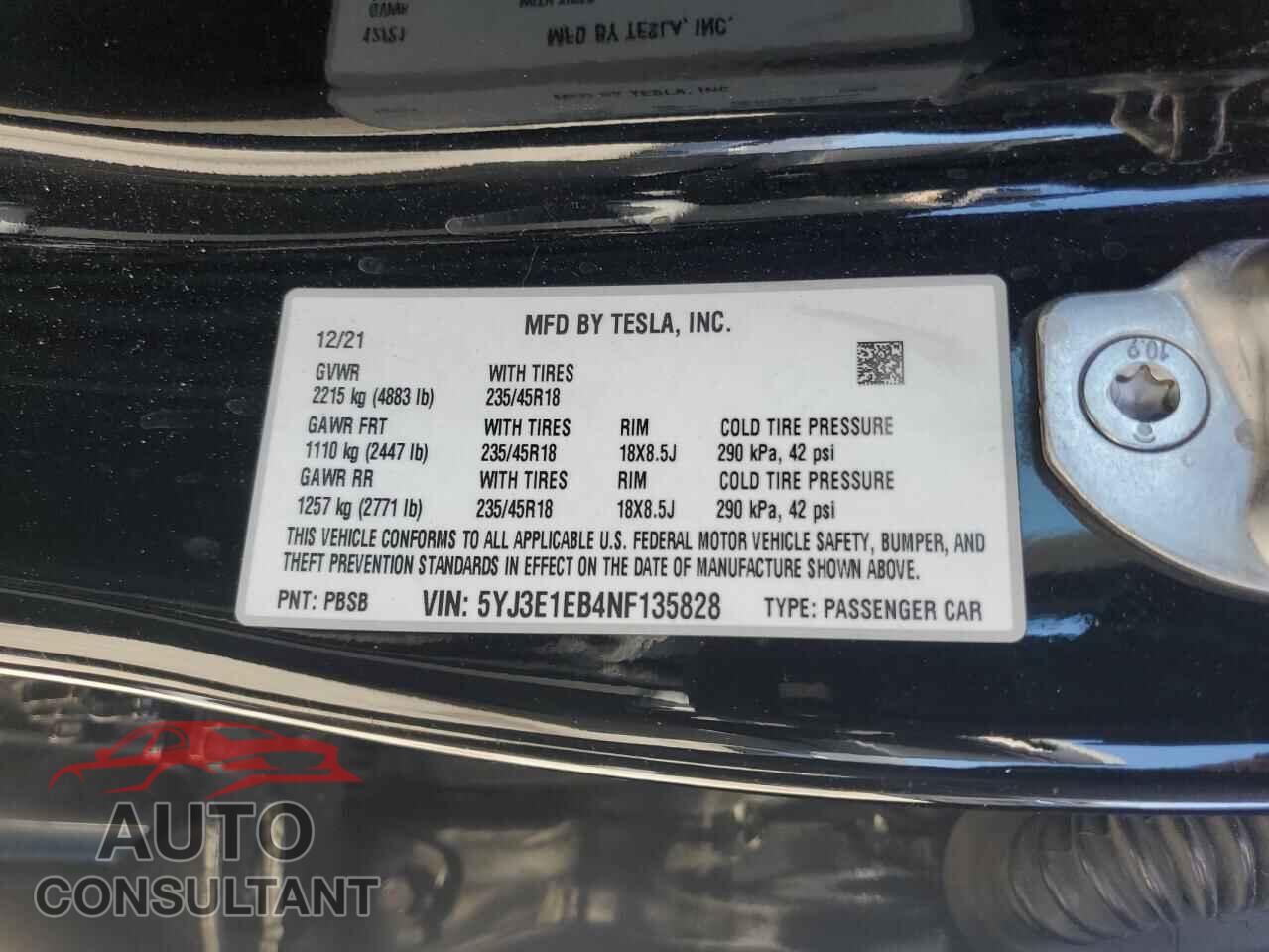 TESLA MODEL 3 2022 - 5YJ3E1EB4NF135828