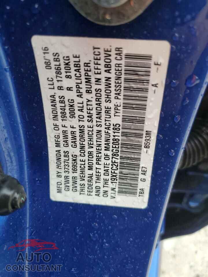 HONDA CIVIC 2016 - 19XFC2F78GE081185