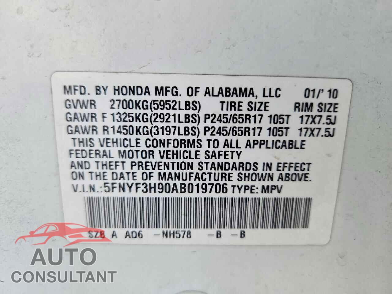 HONDA PILOT 2010 - 5FNYF3H90AB019706