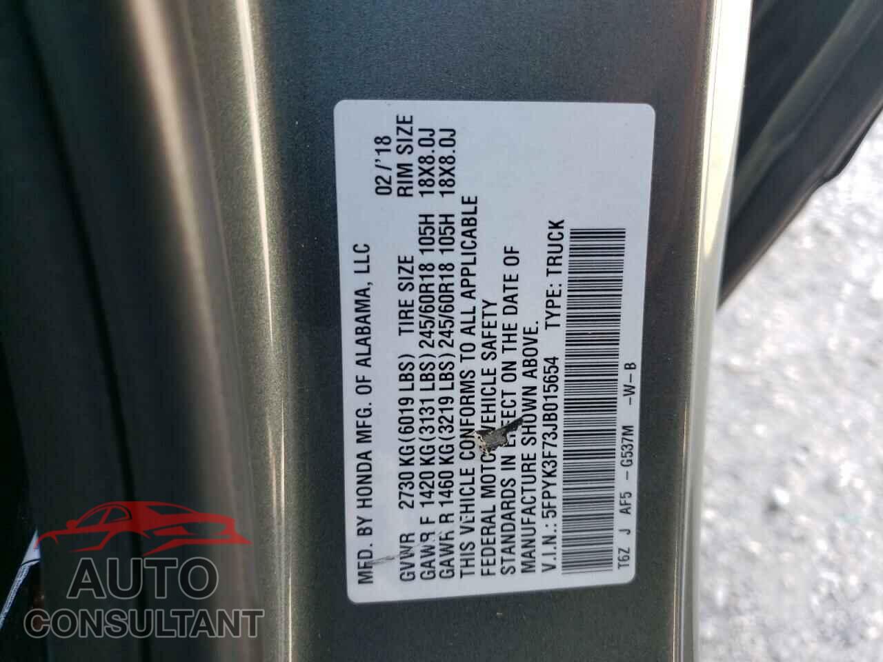 HONDA RIDGELINE 2018 - 5FPYK3F73JB015654