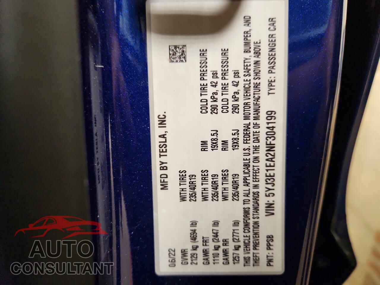 TESLA MODEL 3 2022 - 5YJ3E1EA2NF304199