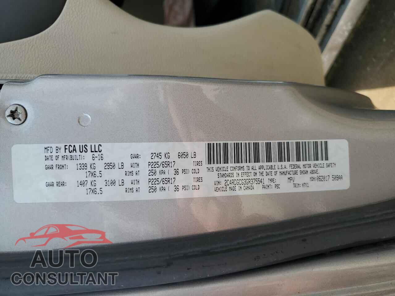 DODGE CARAVAN 2016 - 2C4RDGCG3GR375541