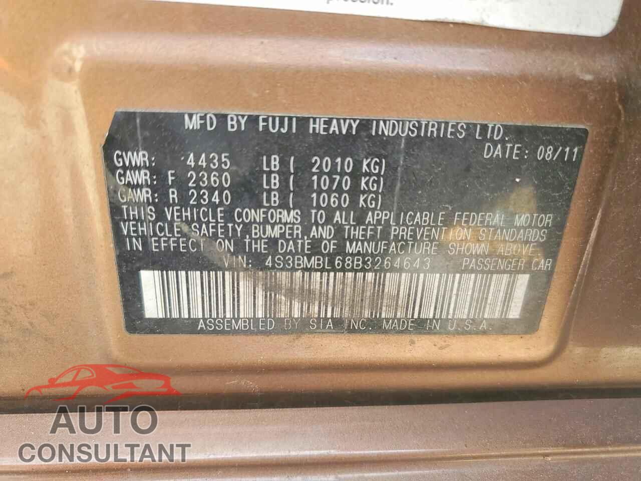 SUBARU LEGACY 2011 - 4S3BMBL68B3264643