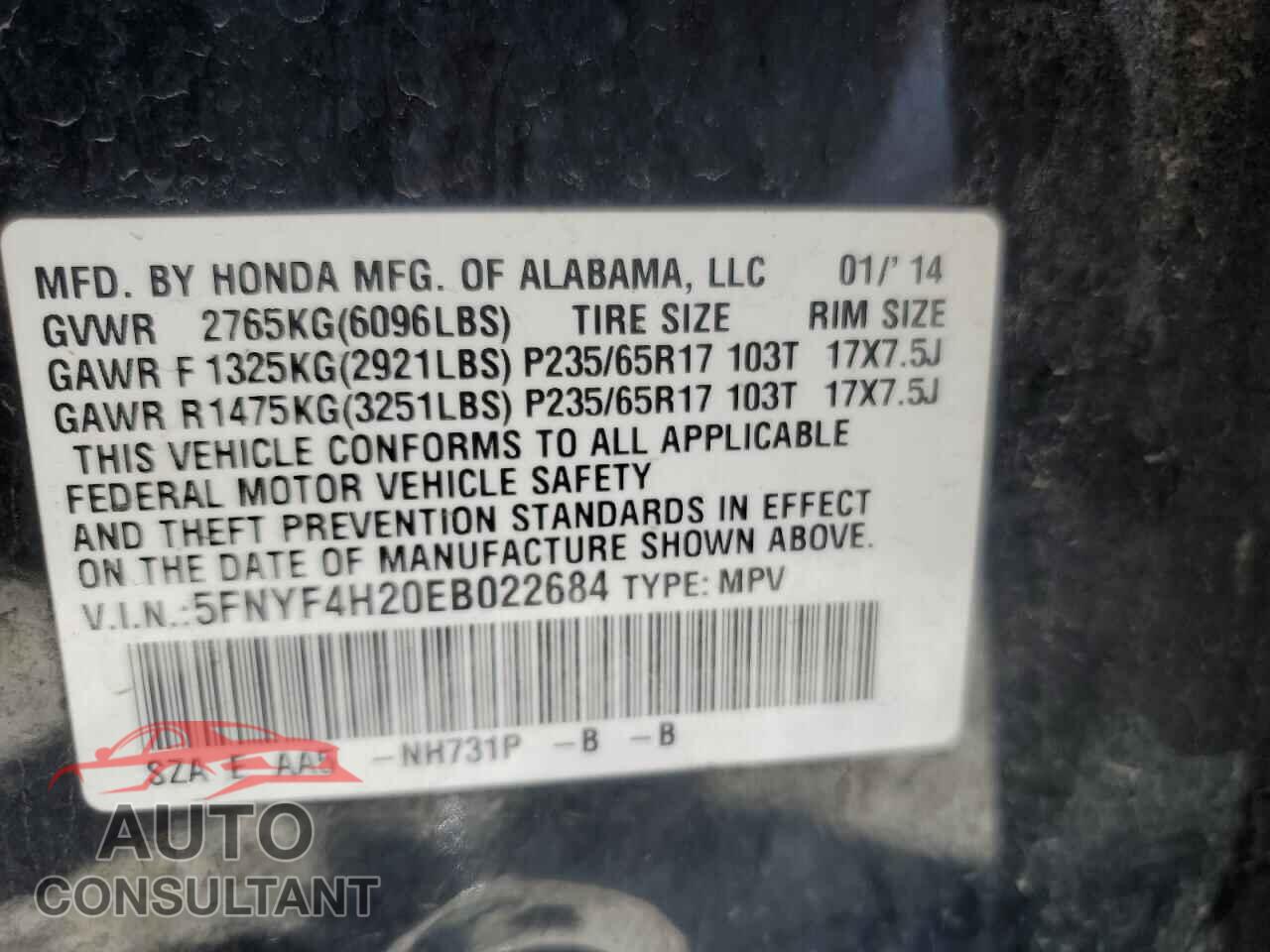 HONDA PILOT 2014 - 5FNYF4H20EB022684