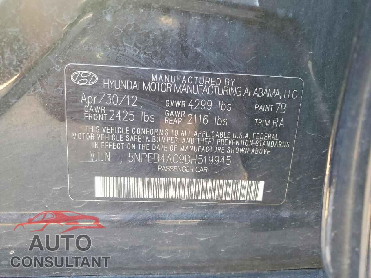 HYUNDAI SONATA 2013 - 5NPEB4AC9DH519945
