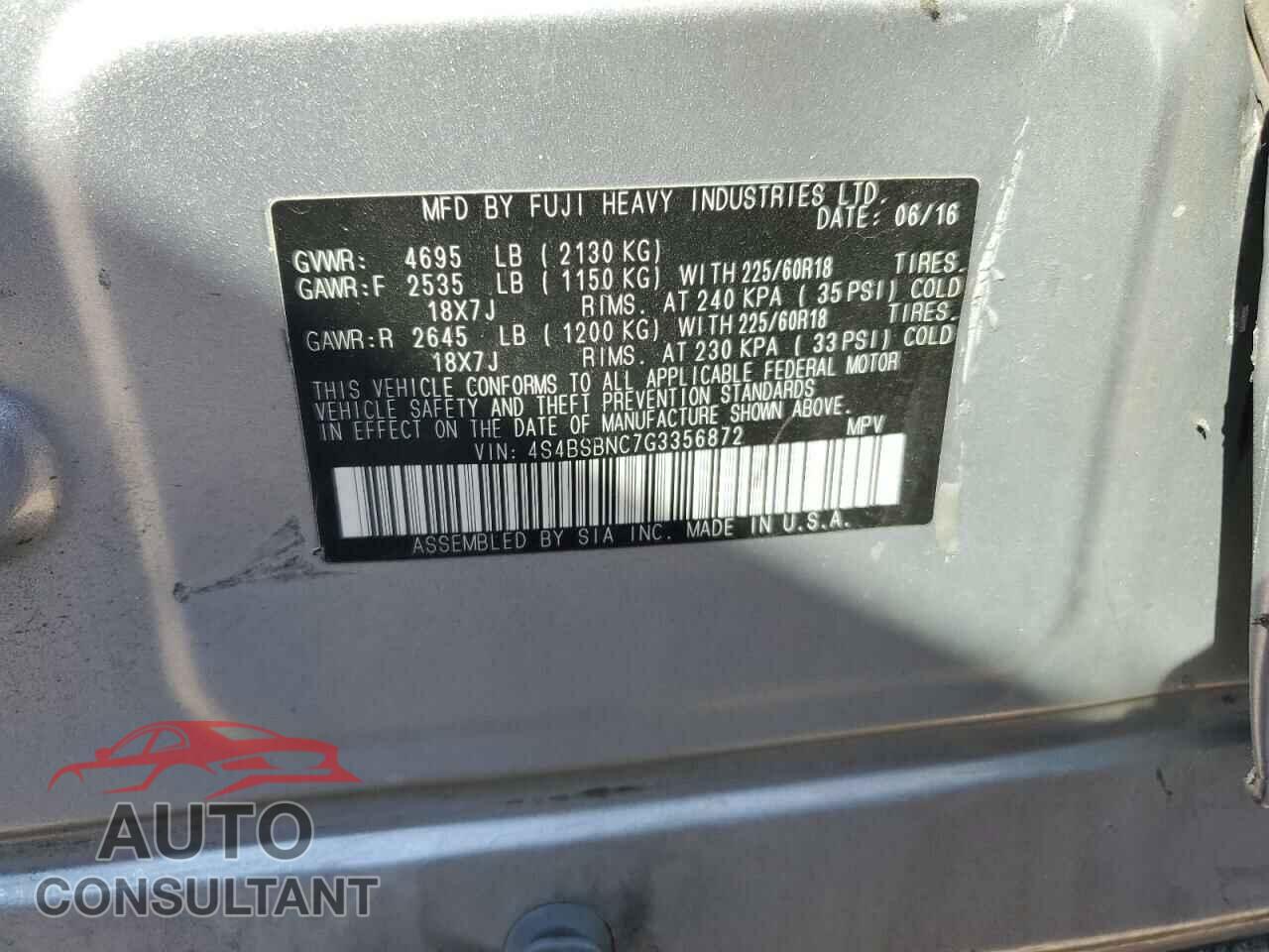 SUBARU OUTBACK 2016 - 4S4BSBNC7G3356872