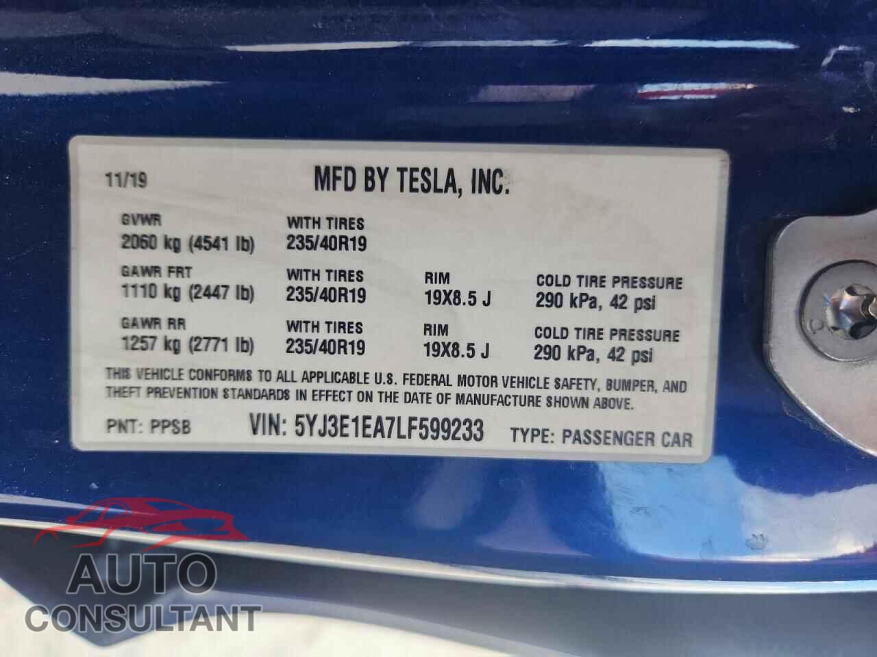 TESLA MODEL 3 2020 - 5YJ3E1EA7LF599233