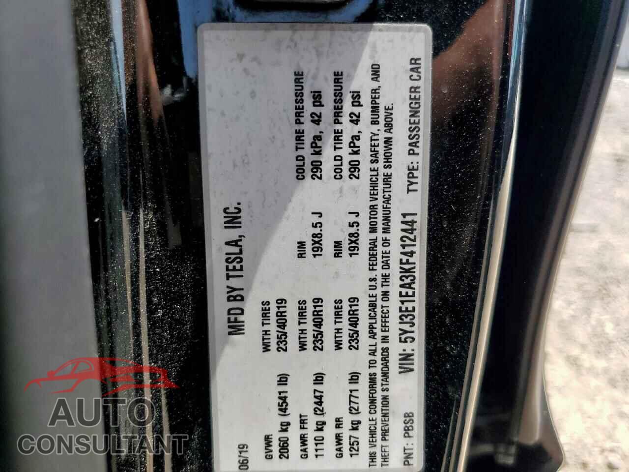 TESLA MODEL 3 2019 - 5YJ3E1EA3KF412441