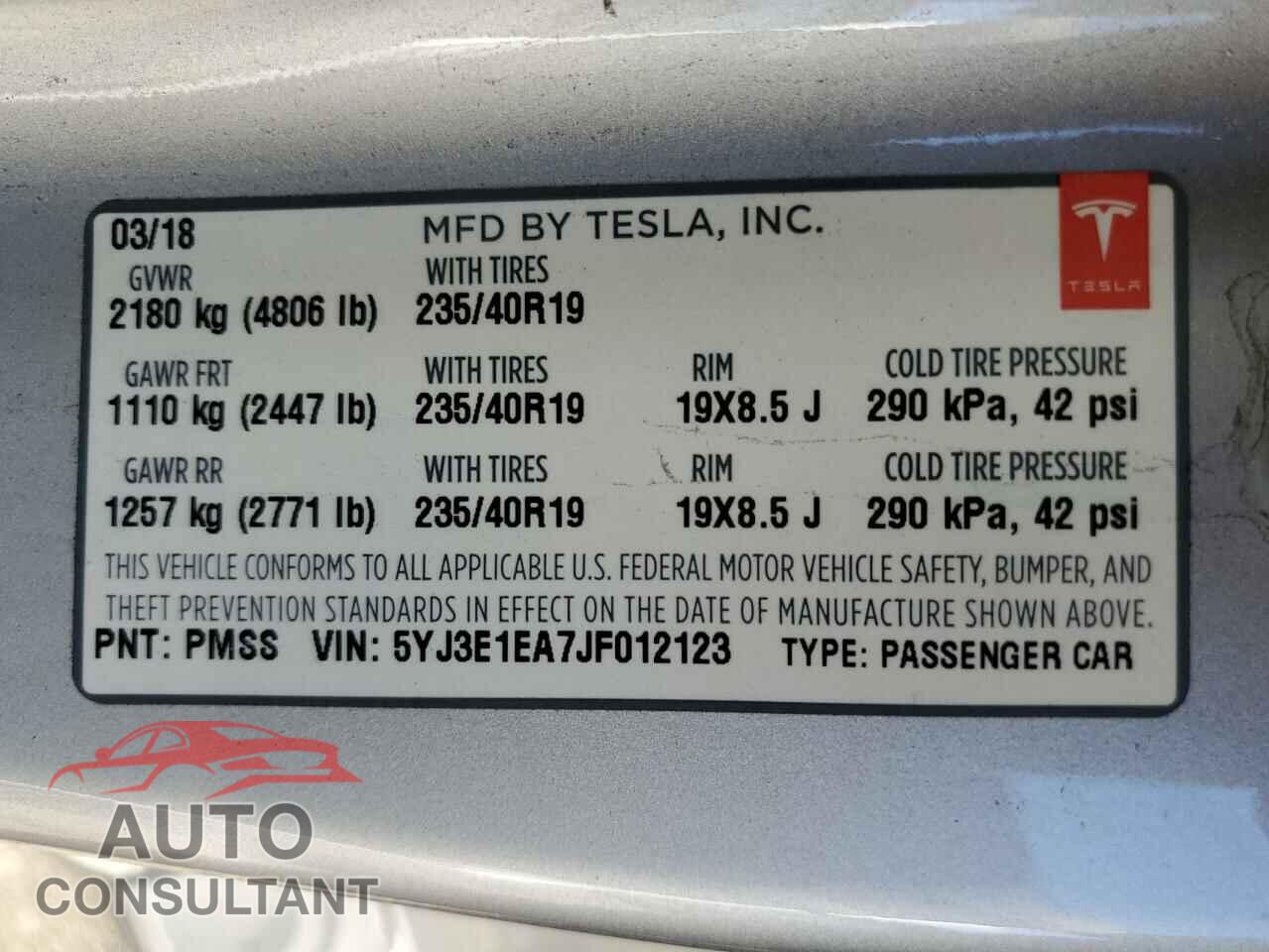 TESLA MODEL 3 2018 - 5YJ3E1EA7JF012123