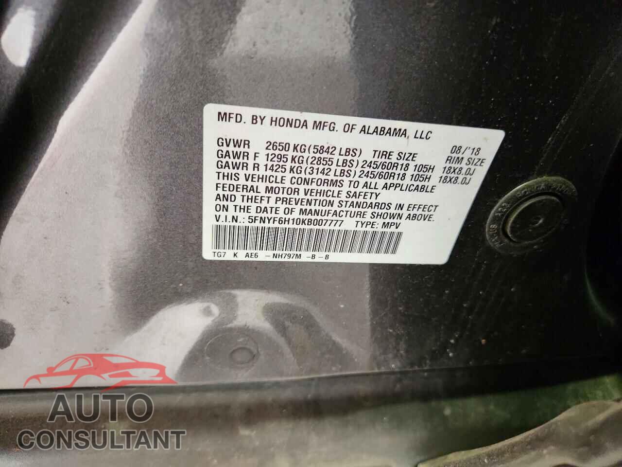 HONDA PILOT 2019 - 5FNYF6H10KB007777