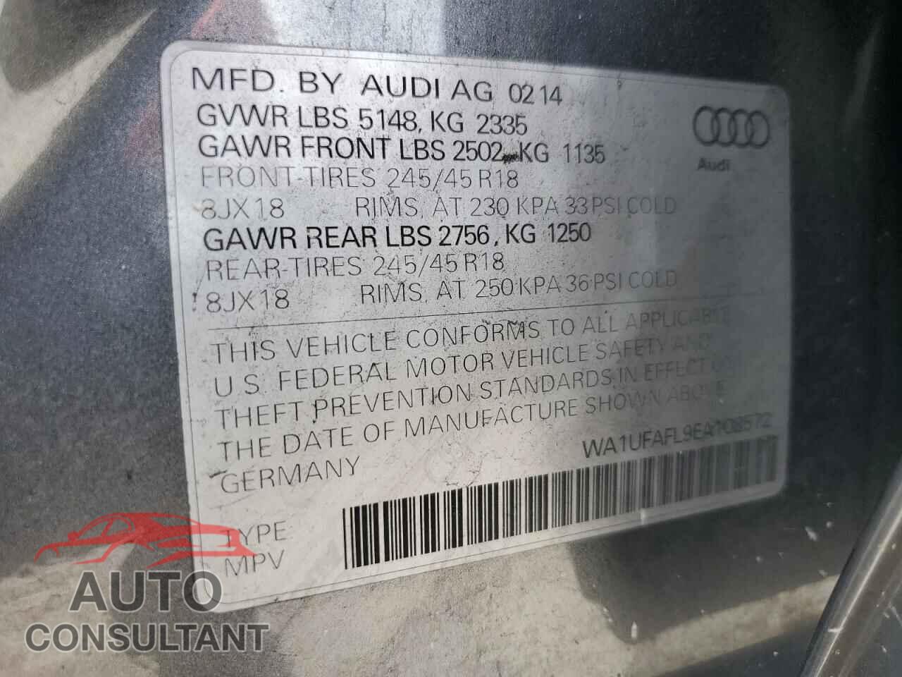 AUDI A4 2014 - WA1UFAFL9EA108572
