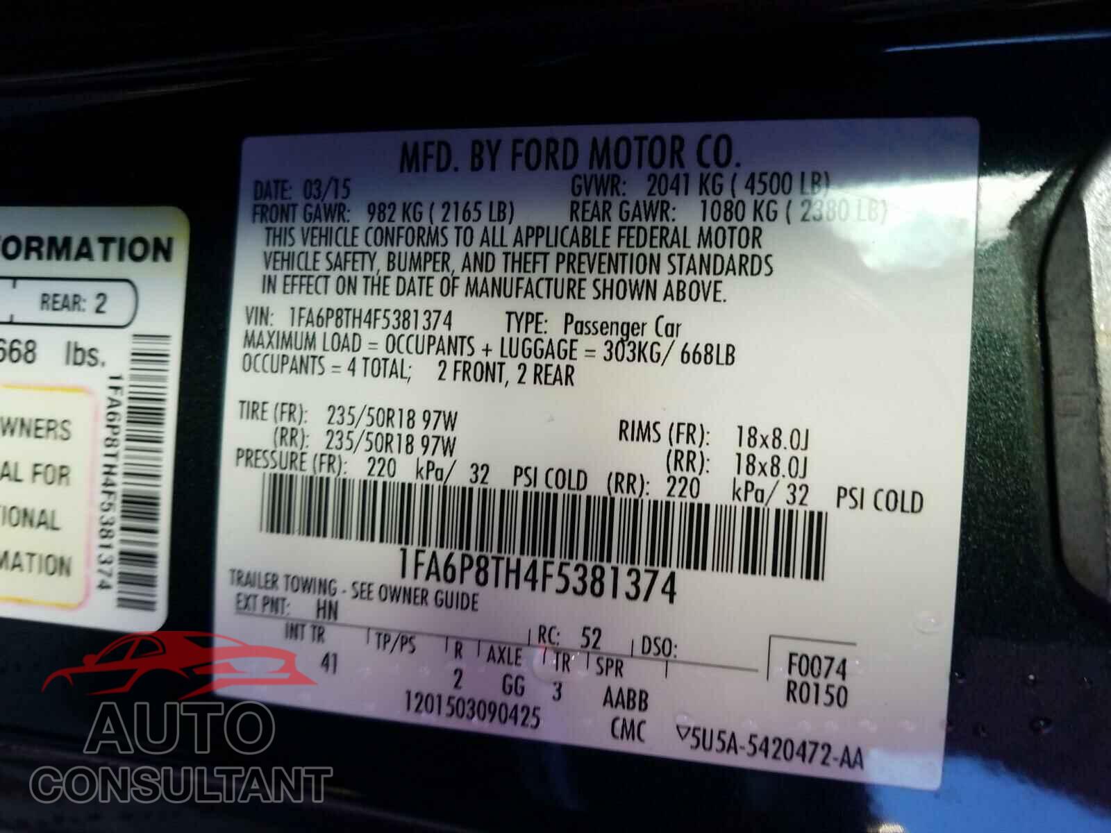 FORD MUSTANG 2015 - 1FA6P8TH4F5381374