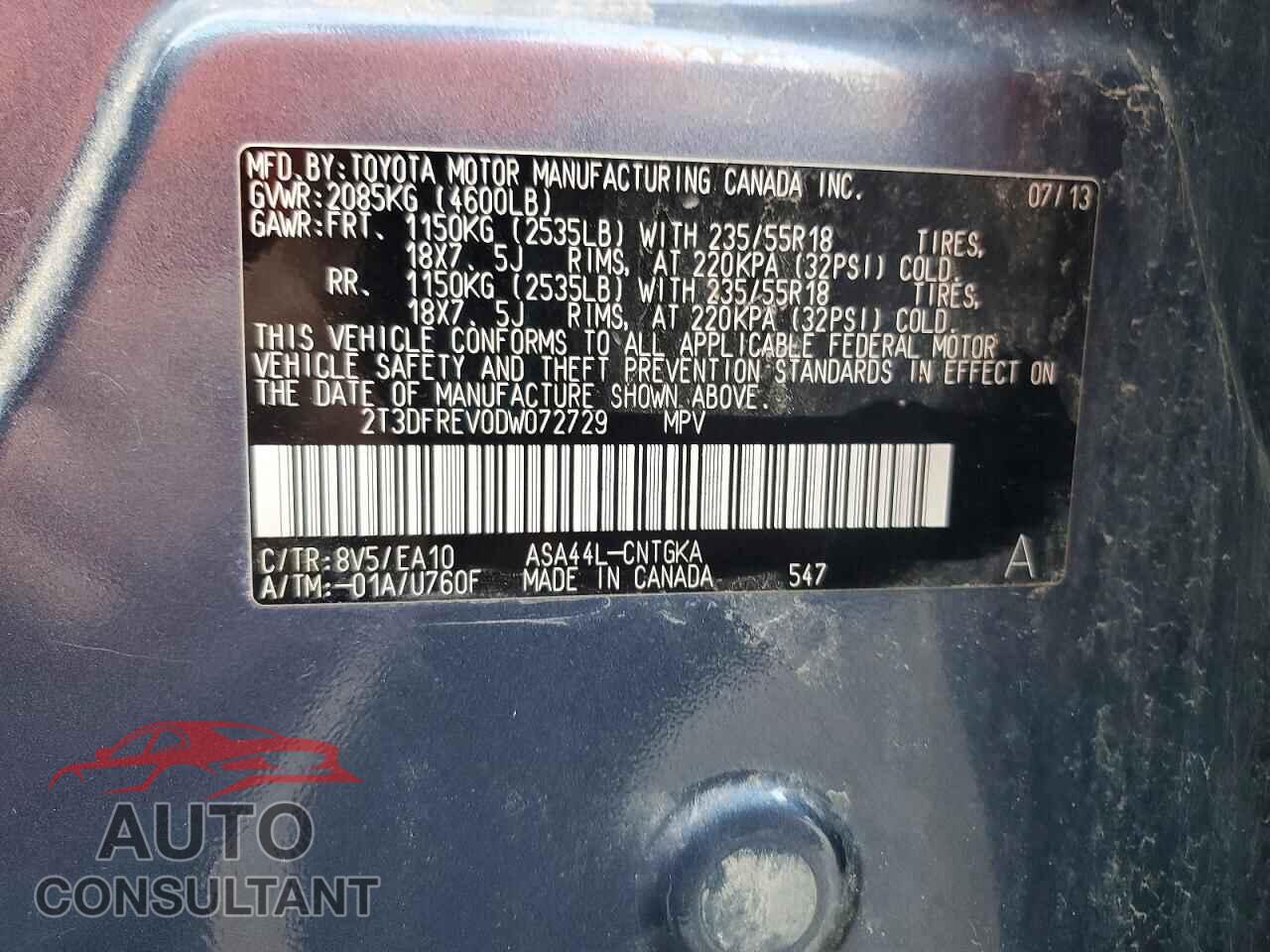 TOYOTA RAV4 2013 - 2T3DFREV0DW072729
