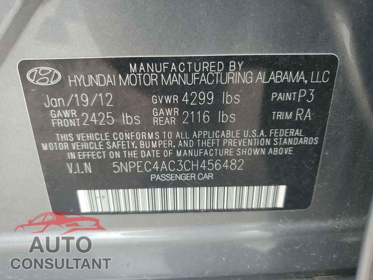 HYUNDAI SONATA 2012 - 5NPEC4AC3CH456482