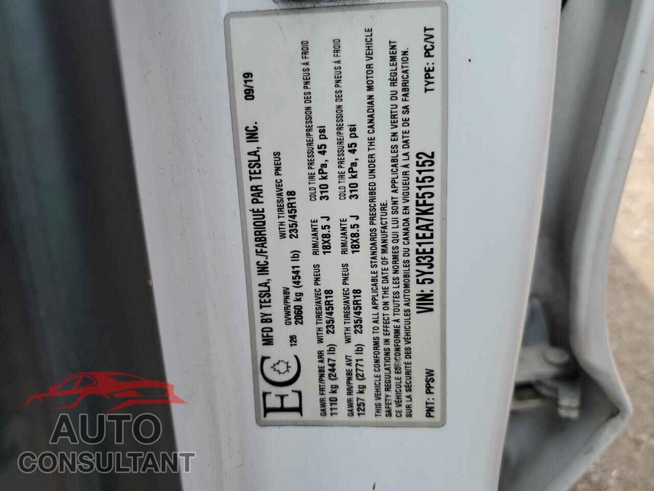 TESLA MODEL 3 2019 - 5YJ3E1EA7KF515152