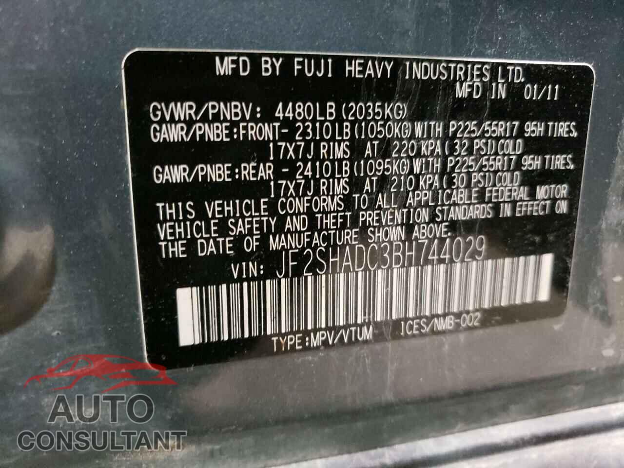 SUBARU FORESTER 2011 - JF2SHADC3BH744029