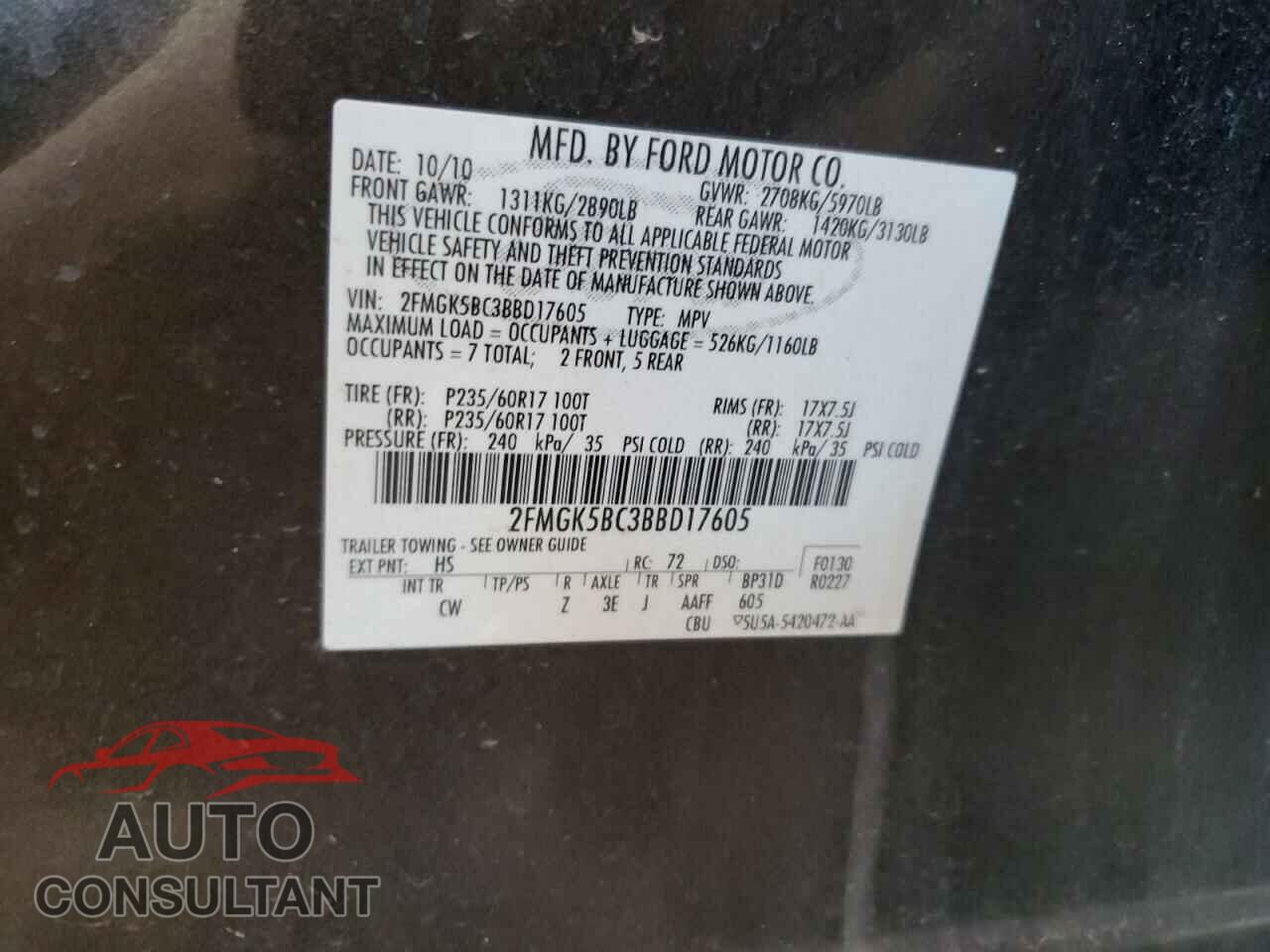 FORD FLEX 2011 - 2FMGK5BC3BBD17605
