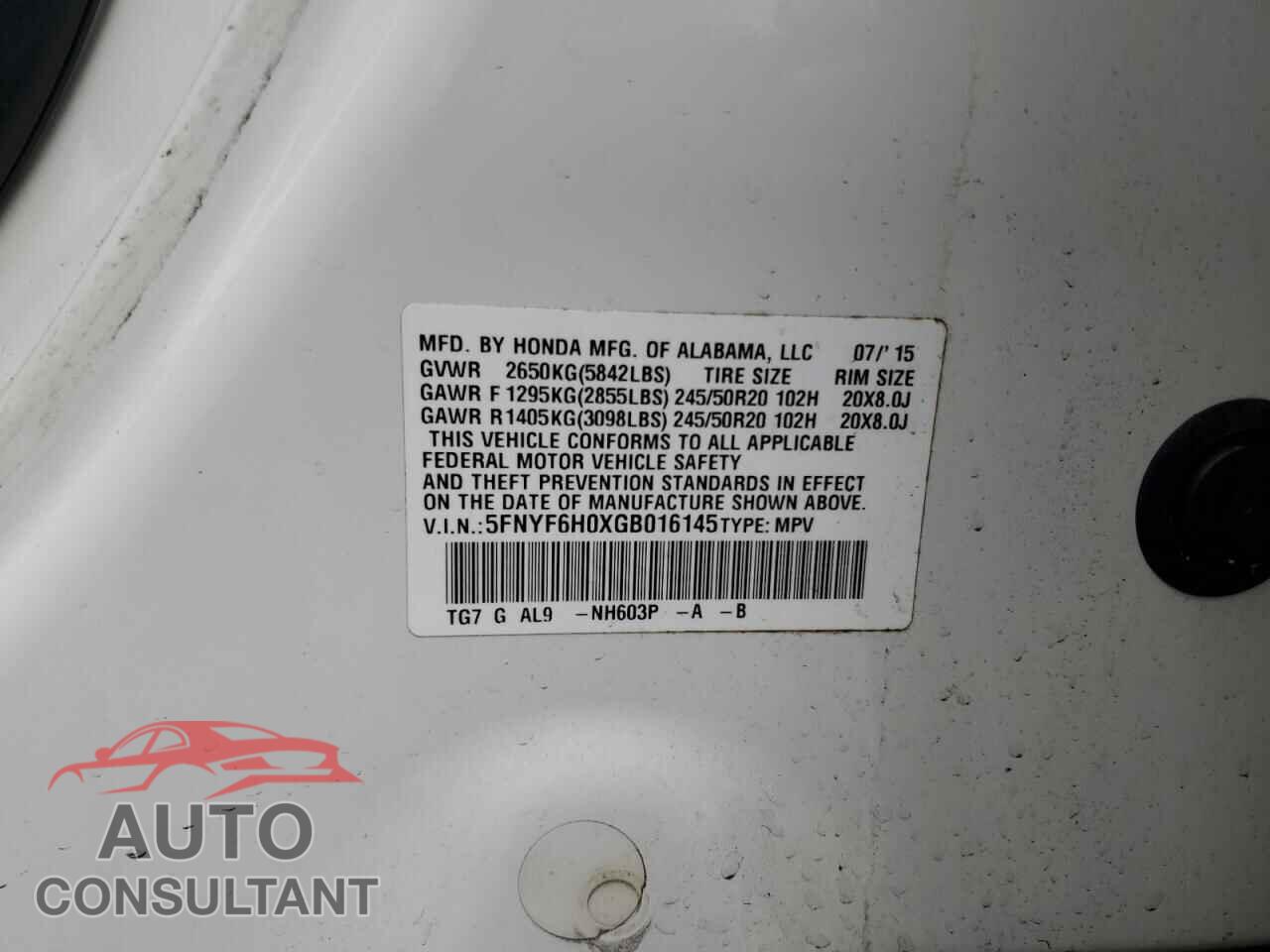HONDA PILOT 2016 - 5FNYF6H0XGB016145