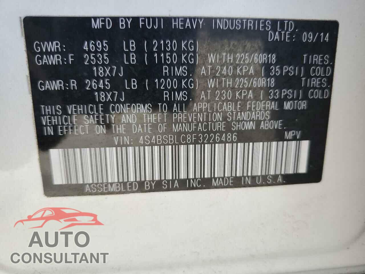 SUBARU OUTBACK 2015 - 4S4BSBLC8F3226486
