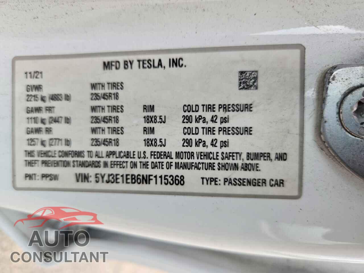 TESLA MODEL 3 2022 - 5YJ3E1EB6NF115368