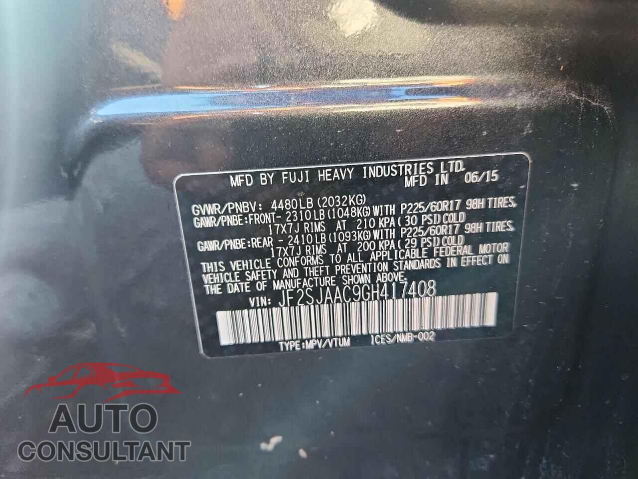 SUBARU FORESTER 2016 - JF2SJAAC9GH417408
