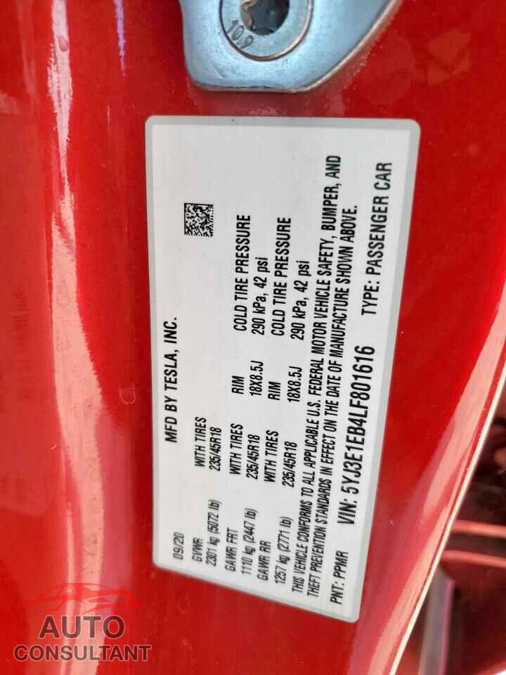 TESLA MODEL 3 2020 - 5YJ3E1EB4LF801616