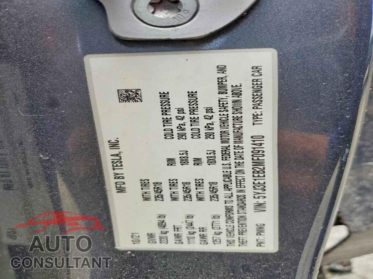 TESLA MODEL 3 2021 - 5YJ3E1EB2MF091410