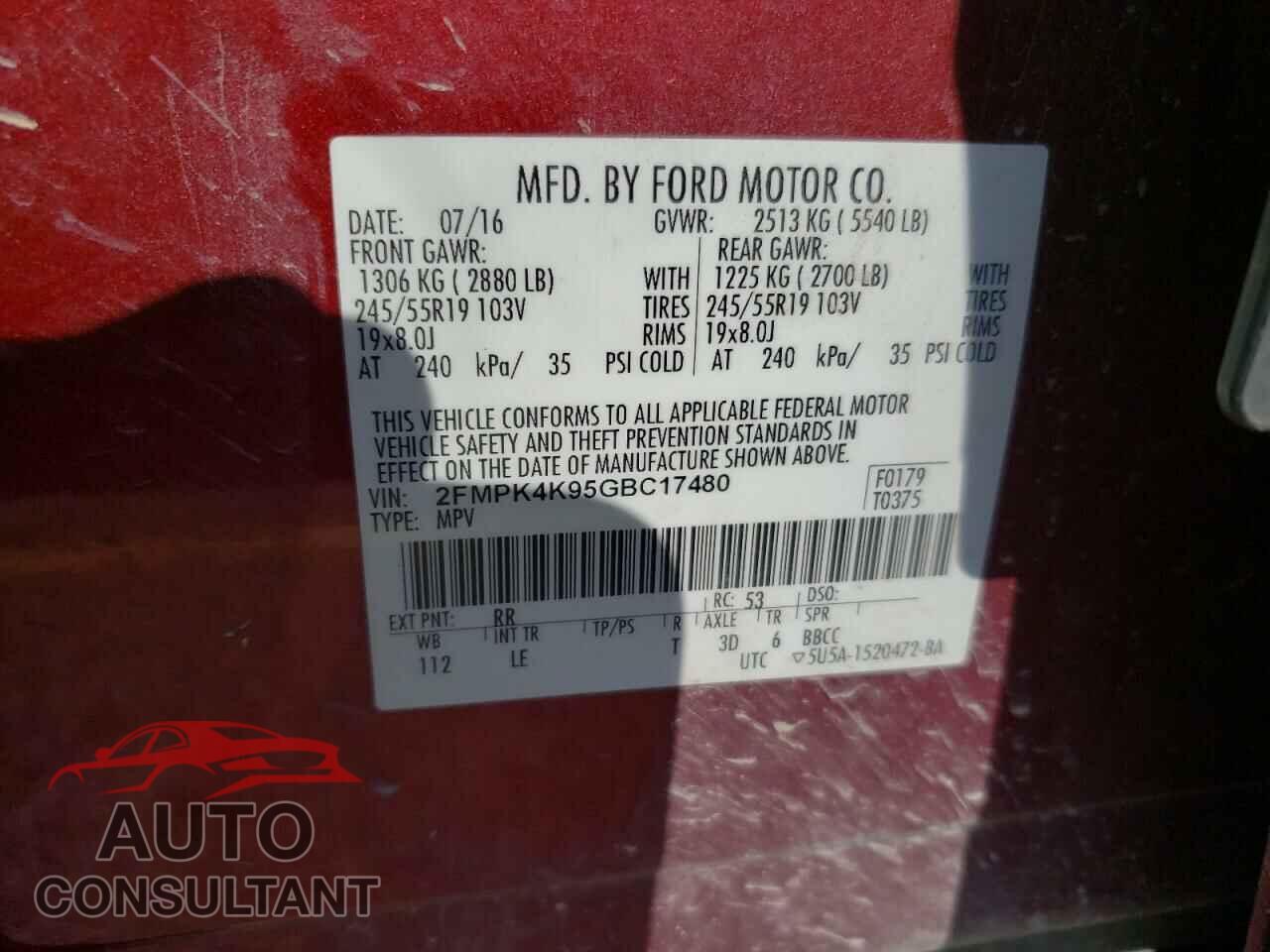 FORD EDGE 2016 - 2FMPK4K95GBC17480