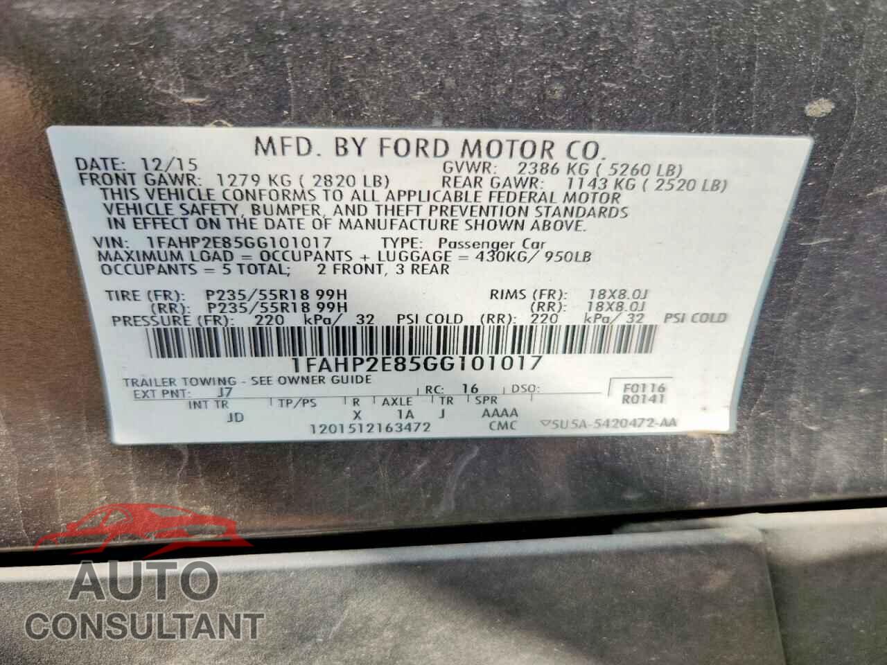FORD TAURUS 2016 - 1FAHP2E85GG101017