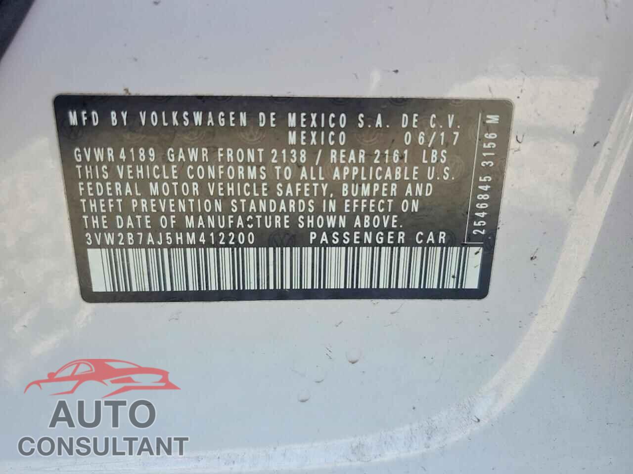 VOLKSWAGEN JETTA 2017 - 3VW2B7AJ5HM412200