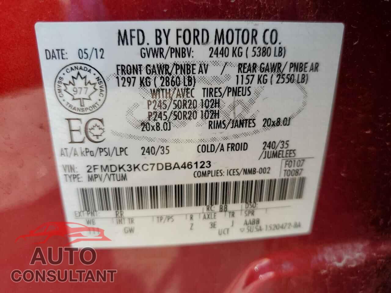 FORD EDGE 2013 - 2FMDK3KC7DBA46123