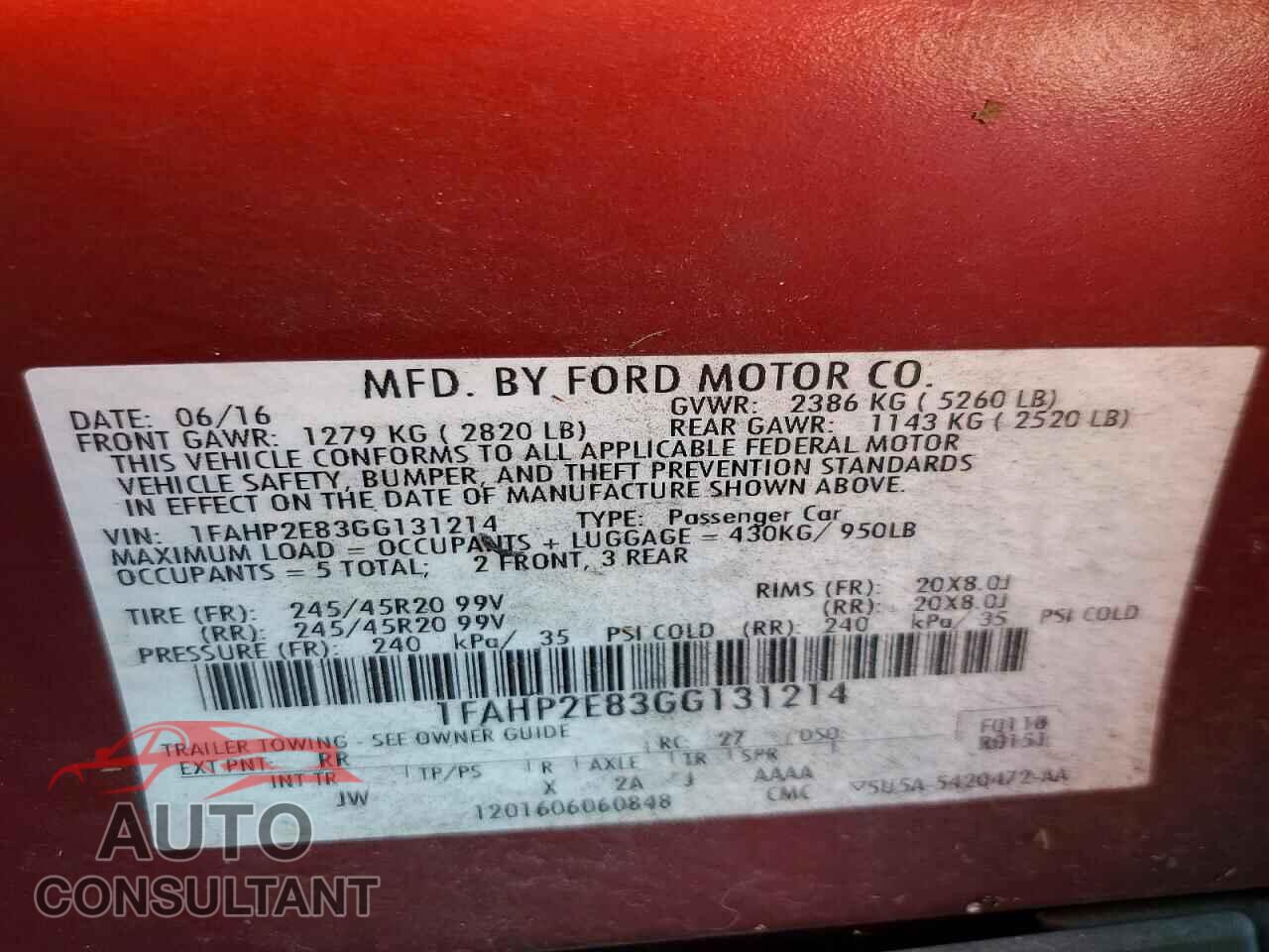 FORD TAURUS 2016 - 1FAHP2E83GG131214