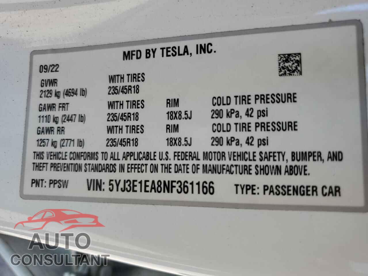 TESLA MODEL 3 2022 - 5YJ3E1EA8NF361166