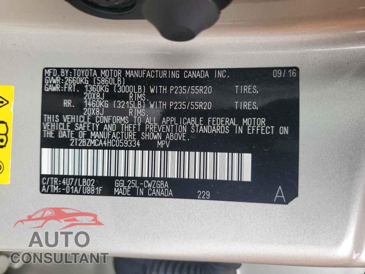LEXUS RX350 2017 - 2T2BZMCA4HC059334