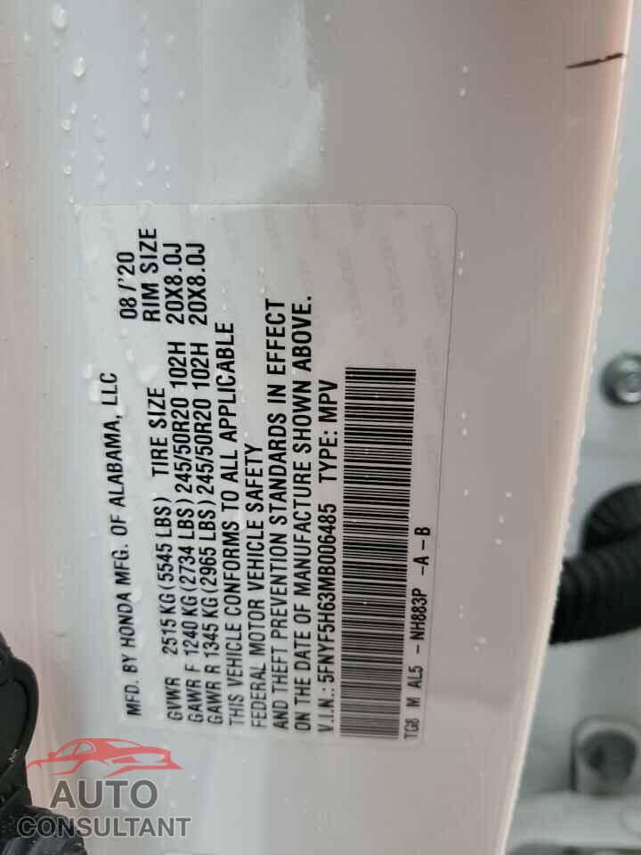 HONDA PILOT 2021 - 5FNYF5H63MB006485
