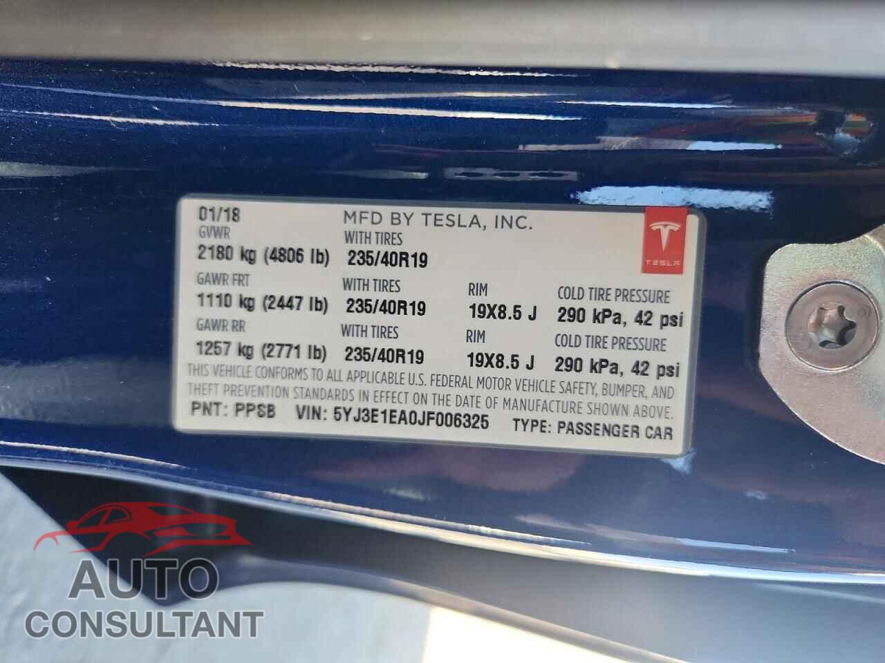 TESLA MODEL 3 2018 - 5YJ3E1EA0JF006325