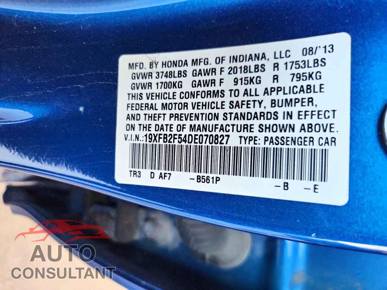 HONDA CIVIC 2013 - 19XFB2F54DE070827